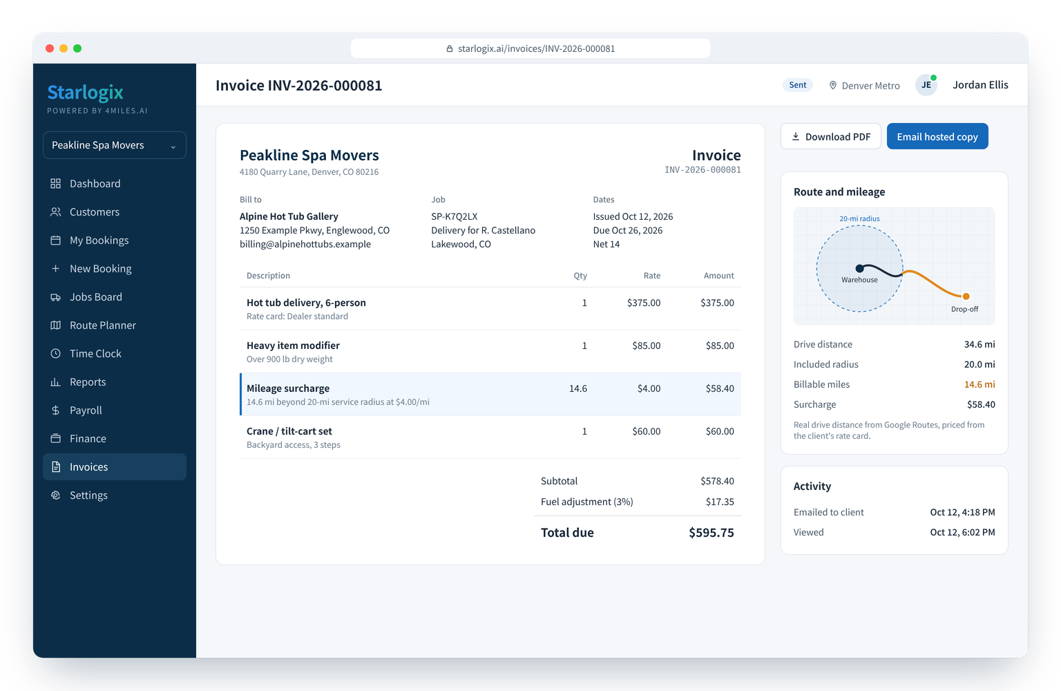 Starlogix invoice with a mileage surcharge line for miles beyond the 20-mile service radius
