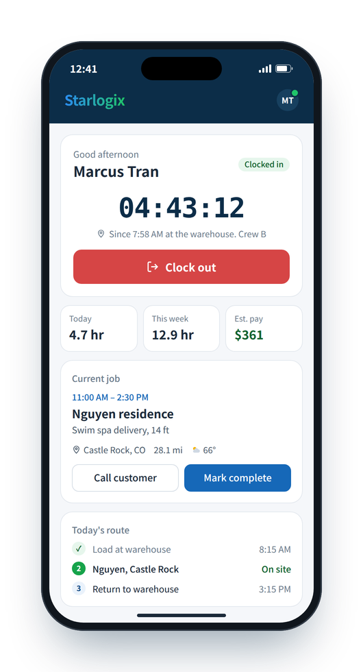 Crew phone screen: a crew member clocked in, with today's hours, current job and route